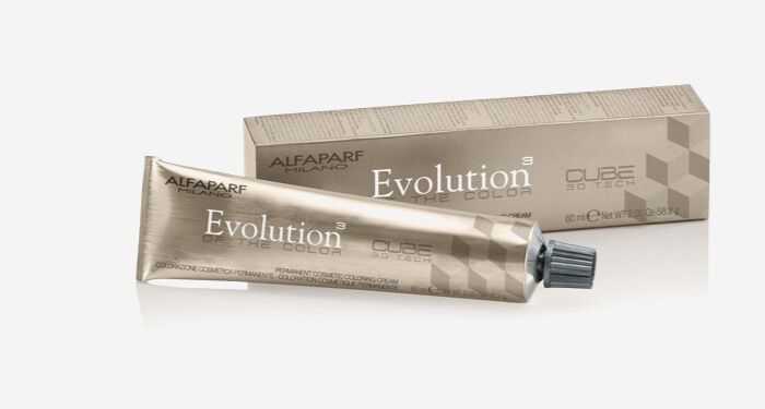 Alfaparf Milano Evolution hair color tube and box with a sleek golden design.