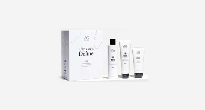 AG Hair Care Set with a box labeled "Use. Love. Define." and three product tubes.